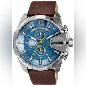 Diesel Mega Chief Light Blue Dial Brown Leather Strap Watch For Men - DZ4281